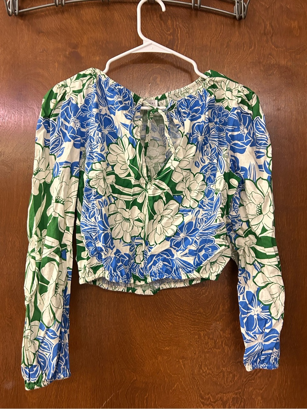 Gianni Bini Blue and Green Floral Tie-Front Peasant Blouse